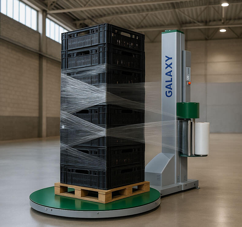 Paletizadora Galaxy envolviendo cajas de frutas en Vanpack
