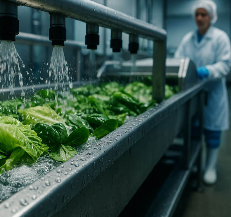 Lavado industrial de lechuga y espinaca con aspersores en planta de cuarta gama; inocuidad certificada.