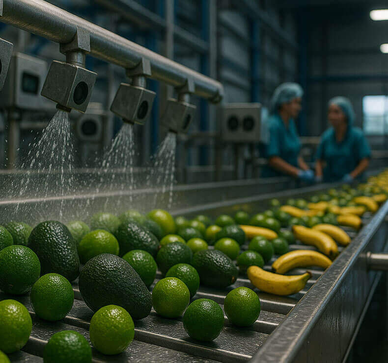 Lavado industrial de limas, aguacate y banano en cinta; maquinaria automática e inocuidad para exportación en Colombia.