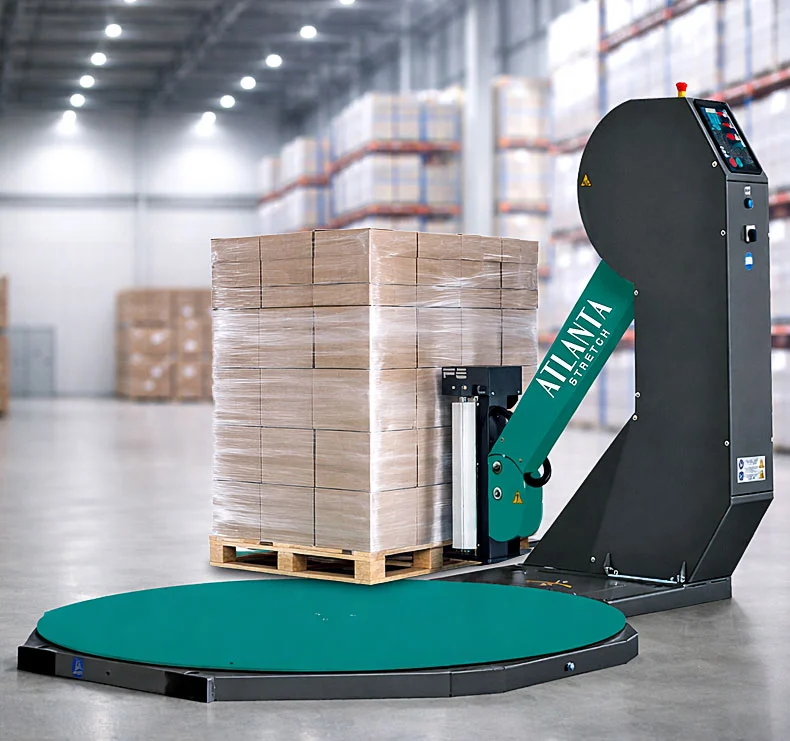 Envolvedora automática de pallets Mytho Brazo con brazo giratorio envolviendo carga con film estirable