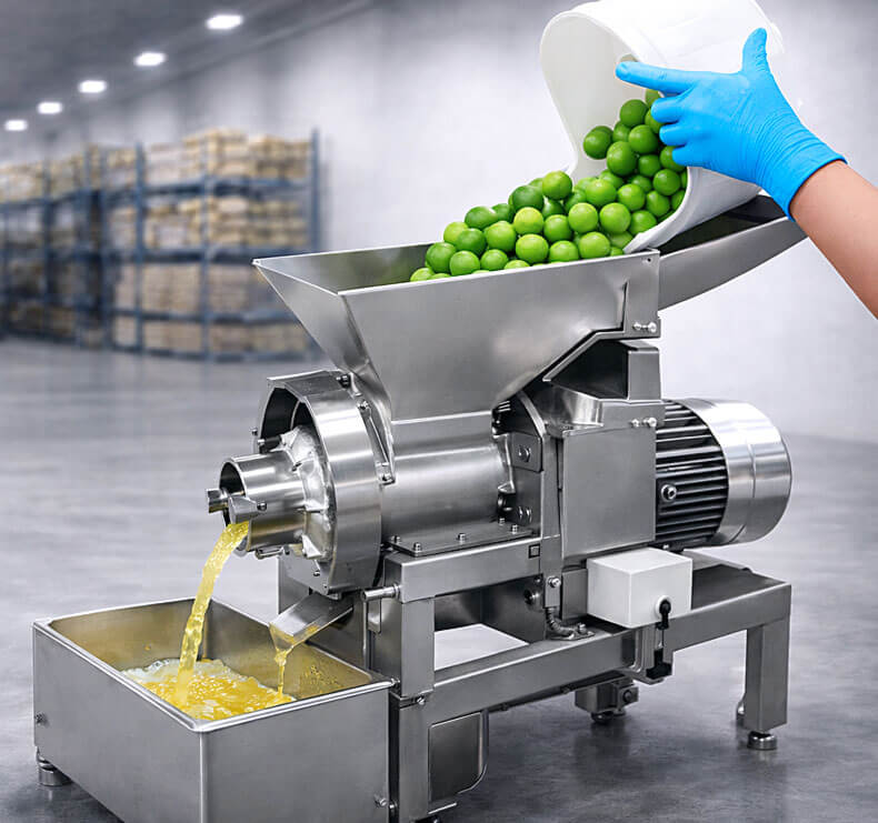 Exprimidor industrial de cítricos en acero inoxidable operando en planta de maquinaria agrícola pesada.