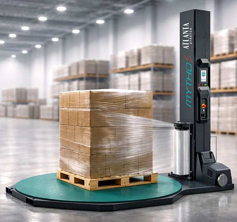 Envolvedora de palets Mytho S semiautomática envolviendo un pallet con film estirable en bodega