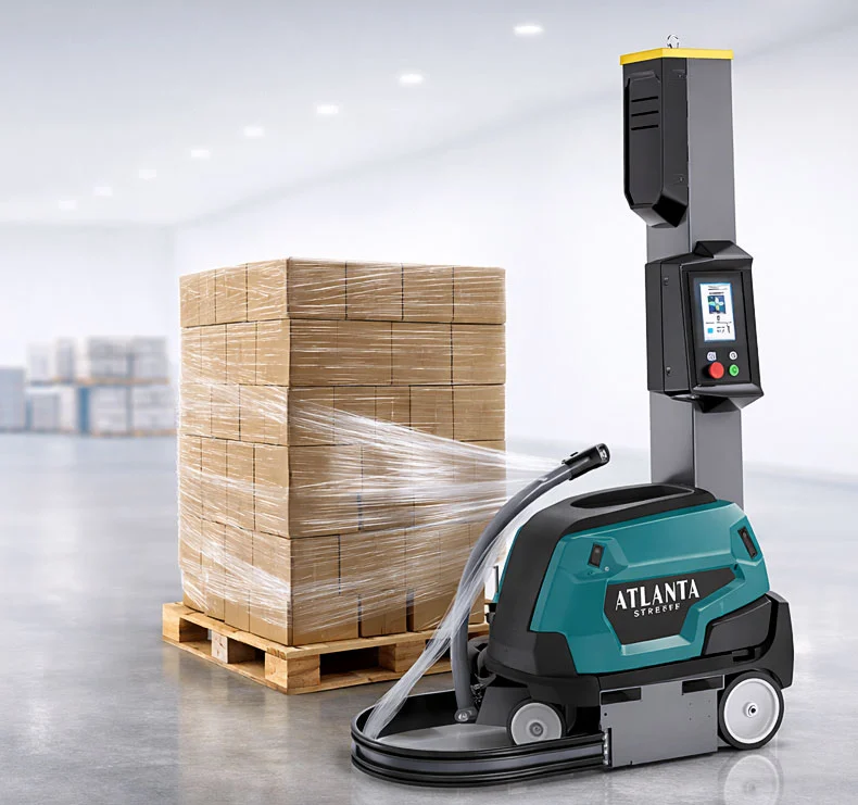 Robot envolvedor de pallets Neos envolviendo un pallet en bodega corporativa